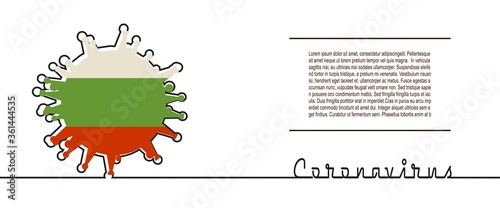 Abstract virus silhouette and Coronavirus text in thin line style. Coronavirus virus danger relative illustration. Medical research theme. Virus epidemic alert. Flag of the Bulgaria