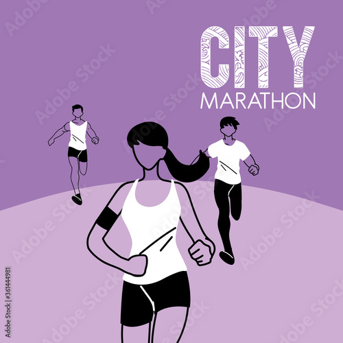 Woman and men running and 10k city marathon vector design