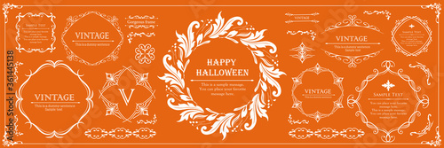 ハロウィンのフレーム素材、10月、アンティークな装飾、ビンテージな模様、植物のツタ