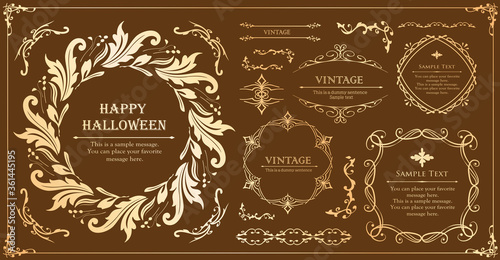 ハロウィンのフレーム素材、10月、アンティークな装飾、ビンテージな模様、植物のツタ
