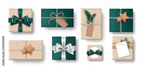 Set of gift box isolated on white background. Collection of craft-style gift present. Top view. Vector Illustration.