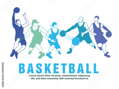 Basketball players men with balls in blue silhouettes vector design