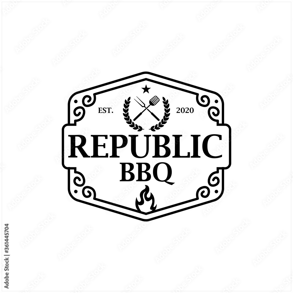Vintage Retro Rustic BBQ Grill, Barbecue, Barbeque Label Stamp Logo design vector simple
