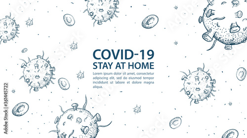 Banner for design with a quarantine warning with CO ID-19 coronavirus molecules 2019-nCoV inscription call to stay home pandemic Outbreak outline illustration Doodle