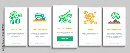 Soy Bean Food Product Onboarding Mobile App Page Screen Vector. Agricultural Harvester Harvesting On Farm And Milk Package, Soy Sauce Bottle And Plant Color Illustrations