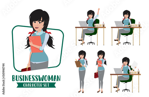 Business woman young character vector set. Young businesswoman female characters office employee staff sitting in desk preparing for demo presentation isolated in white background. Vector illustration