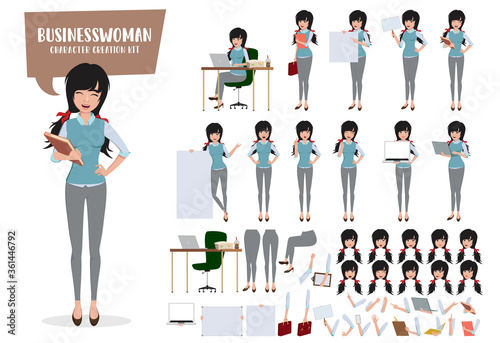 Young businesswoman character creation vector set. Business woman characters female office staff employee or student editable create kit body and hand movements for demo presentation.