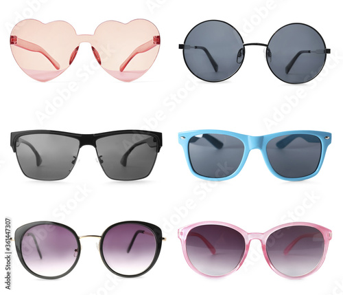 Set with different sunglasses on white background