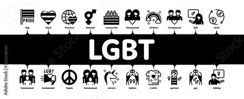 Lgbt Homosexual Gay Minimal Infographic Web Banner Vector. Lgbt Community And Flag, Unicorn And Rainbow, Love Freedom And Marriage Illustration