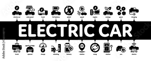 Electric Car Transport Minimal Infographic Web Banner Vector. Electrical Car And Truck, Battery Charging And Vehicle Repair, Ecology Transportation Illustration
