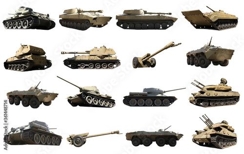 Set of different military machinery on white background photo