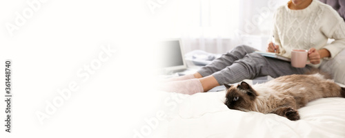 Woman with her cute pet at home  space for text. Banner design