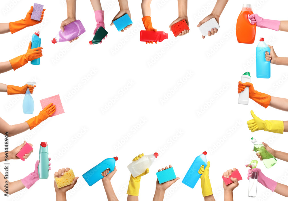 Frame of photos with people holding cleaning supplies on white ...