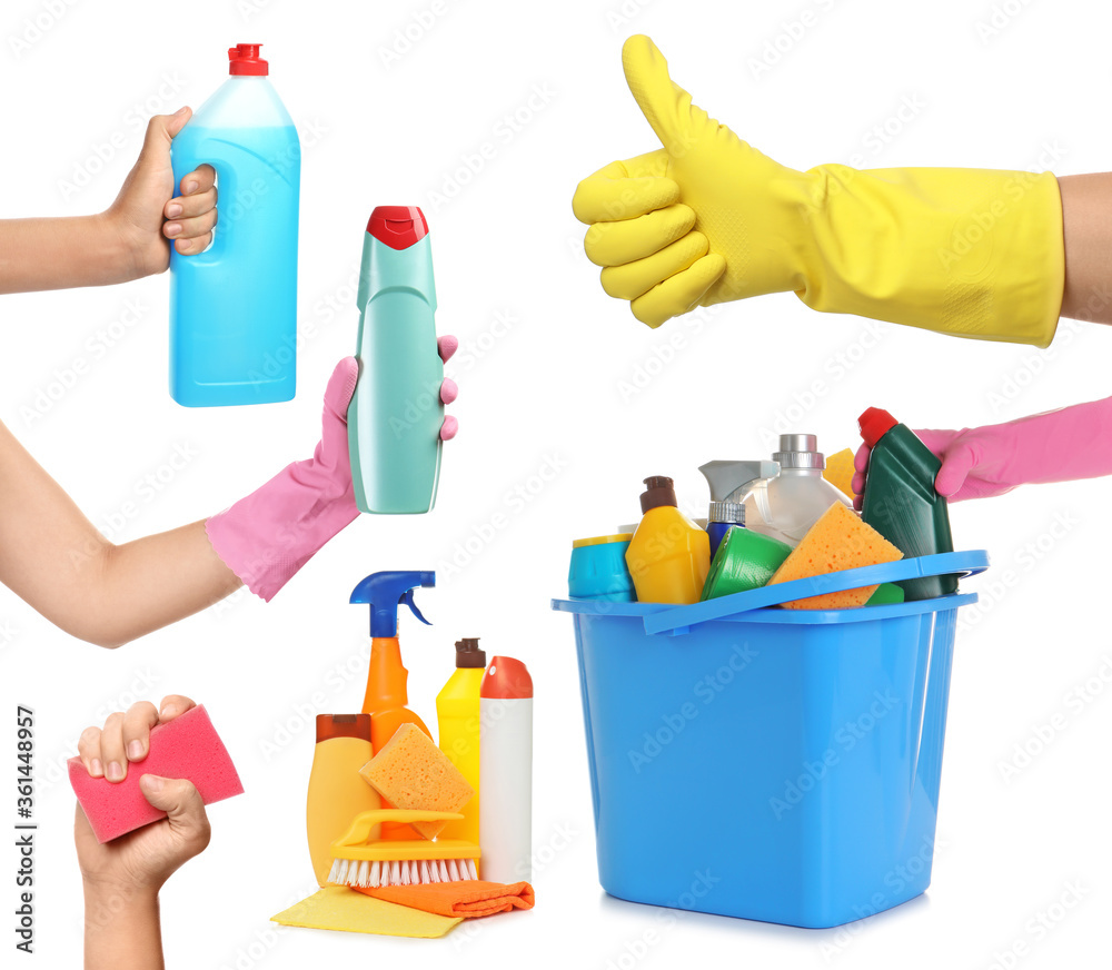 Collage with photos of people holding cleaning supplies on white background, closeup Collage with photos of people holding cleaning supplies on white background, closeup