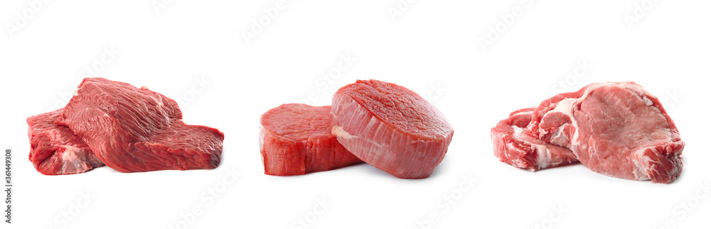 Set with raw meat on white background. Banner design Set with raw meat on white background. Banner design