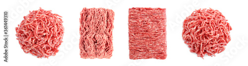 Set with raw minced meat on white background, top view. Banner design photo