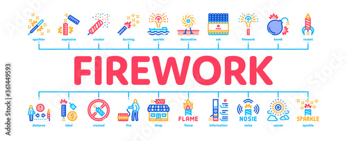 Firework Pyrotechnic Minimal Infographic Web Banner Vector. Flash rocket And Salute, Christmas Explosive Firework And Festival Lights, Illustration