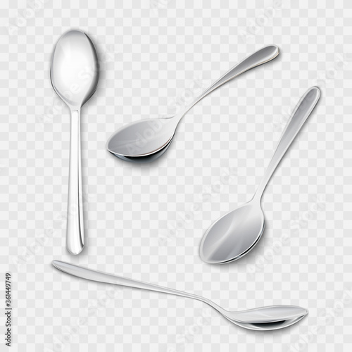 Set of realistic metal spoons from different points of view. 3d realism. Vector teaspoon illustration isolated on white background.