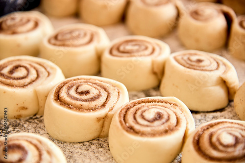 Uncooked cinnamon rolls, placed in rows on an oven tray