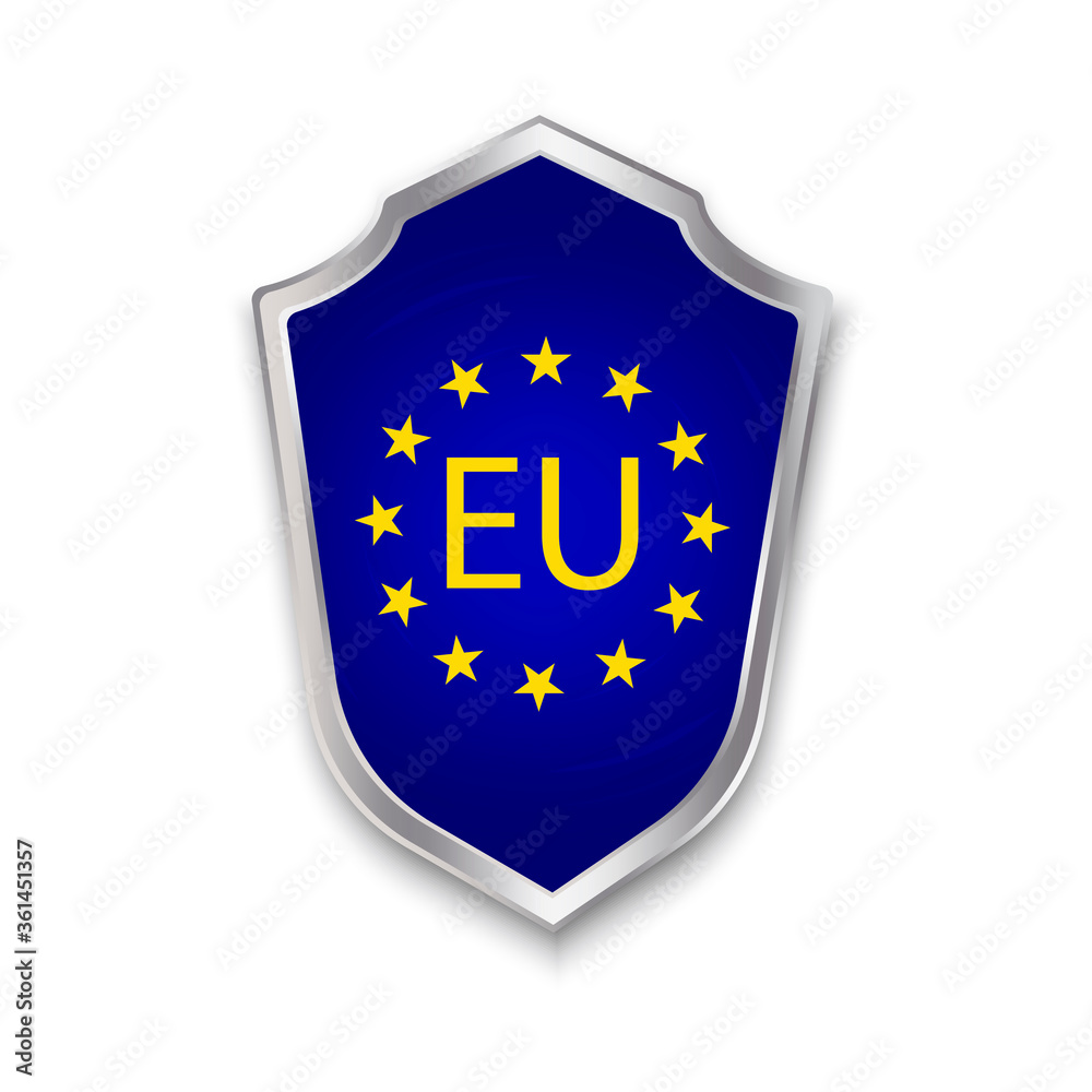 EU badge on the shield. Symbol of countries security. Blue illustration of European patriotism. Stock photo.