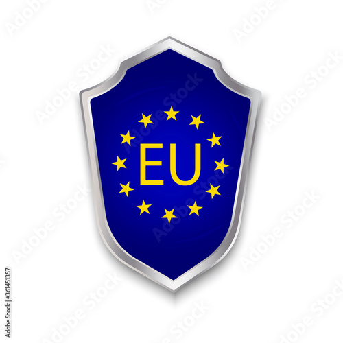 EU badge on the shield. Symbol of countries security. Blue illustration of European patriotism. Stock photo. © Лена Полякевич