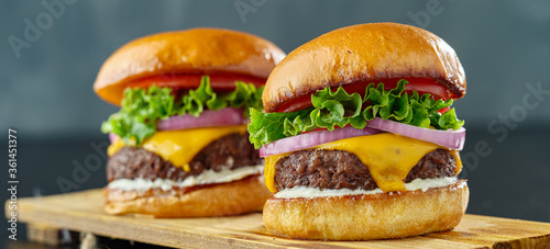 two beefy cheeseburgers with american cheese, lettuce tomato and onion photo