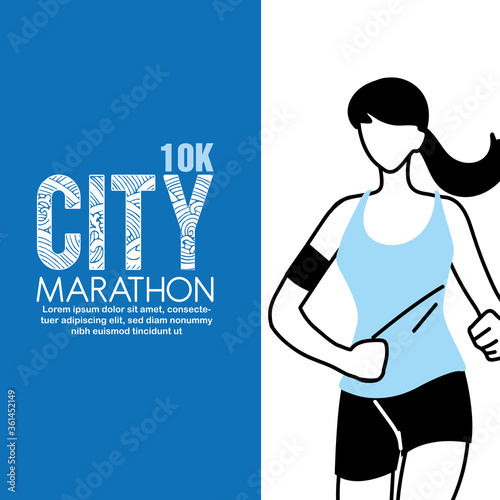 Woman avatar running and 10k city marathon vector design