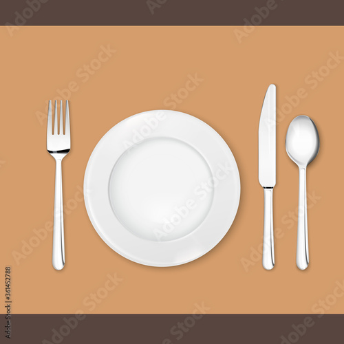 Realistic flatware set (spoon, fork, knife and plate) isolated on white background. EPS 10 file, no transparency.