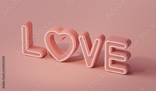 Abstract love alphabet neon light, on cute pastel purple, pink color background. Concept for valentines day, women day, special moment and holidays. 3D render. 