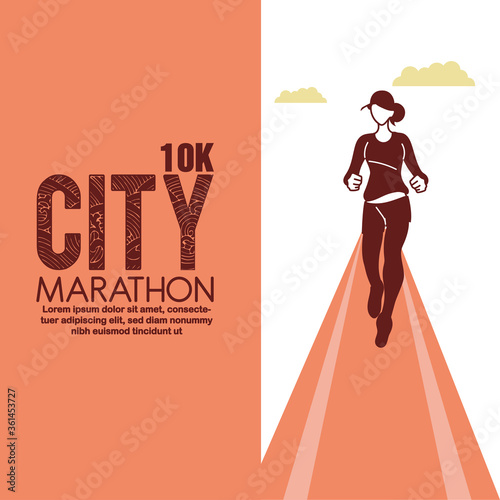 Woman avatar running on track and 10k city marathon vector design