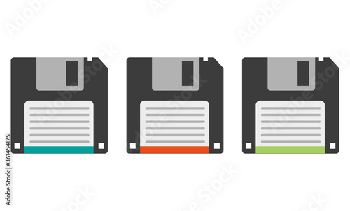 Three Floppy Data Disk icons flat style vector Illustration isolated on a white background.