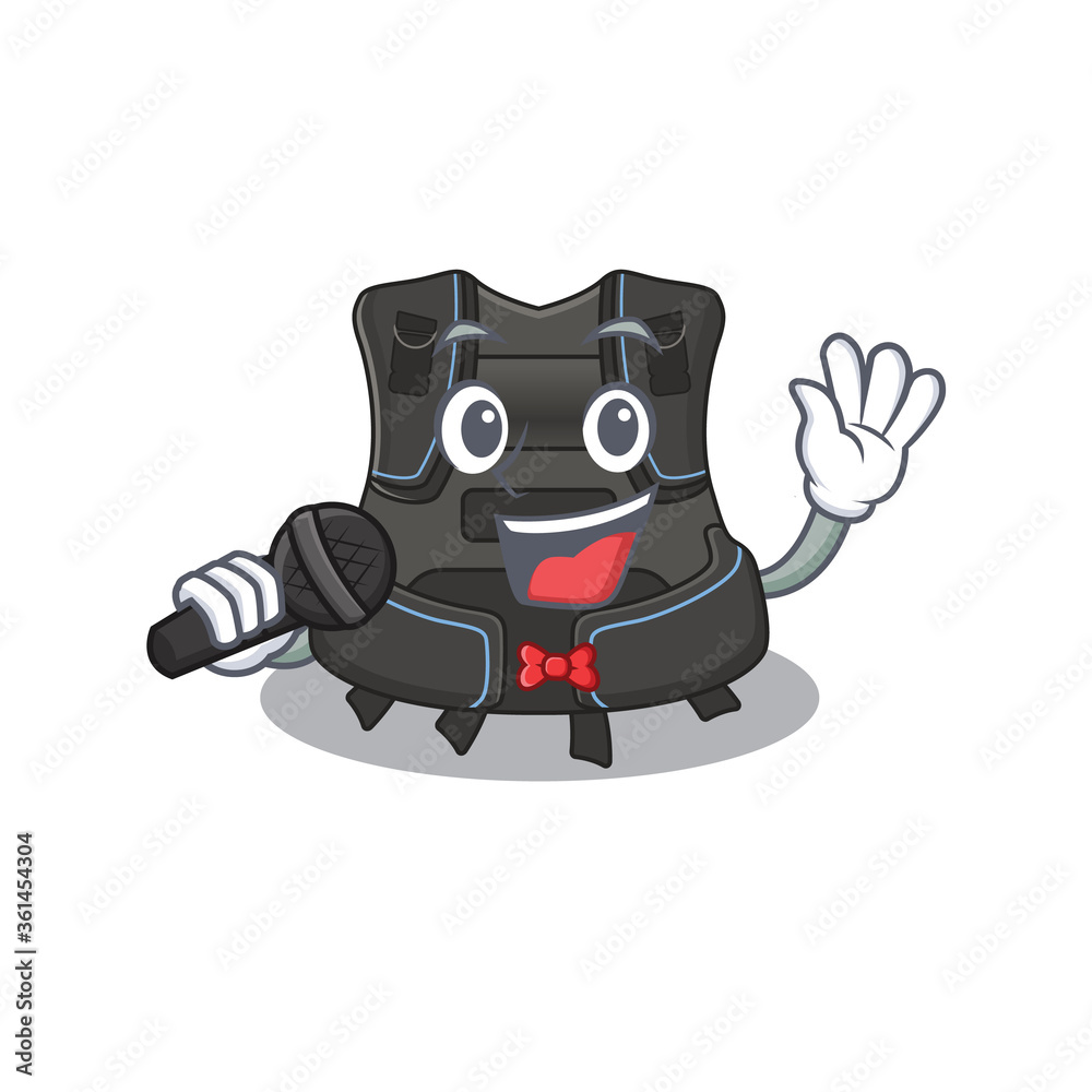 caricature character of scuba buoyancy compensator happy singing with a microphone caricature character of scuba buoyancy compensator happy singing with a microphone