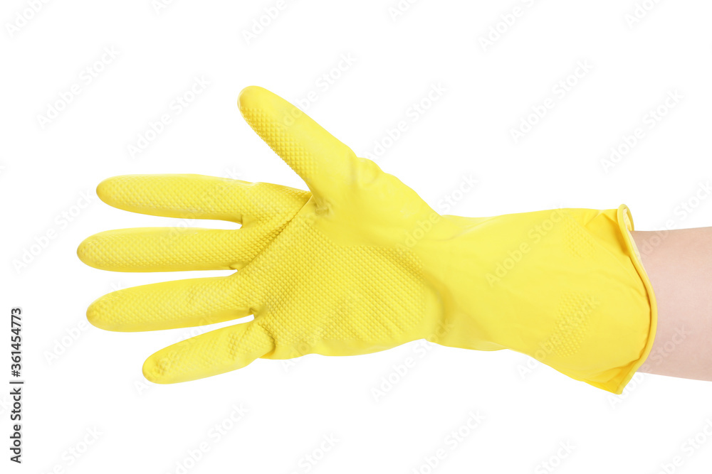 Person in rubber glove on white background, closeup of hand Person in rubber glove on white background, closeup of hand