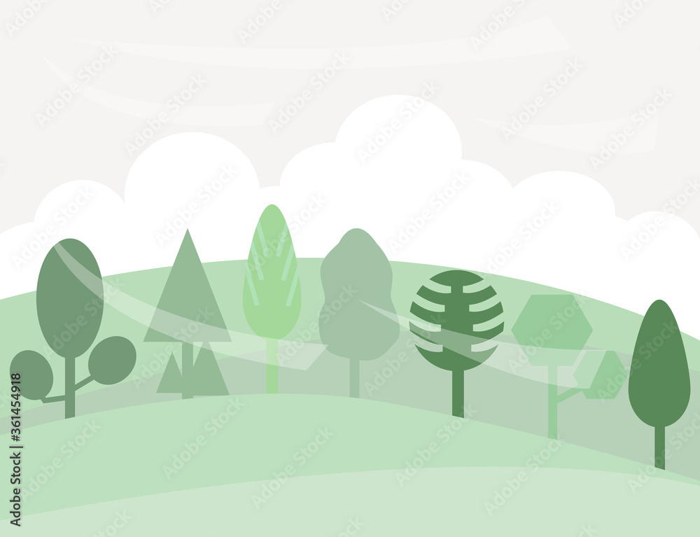 Vector illustration of different trees on hill and blue sky background. Vector illustration of different trees on hill and blue sky background.