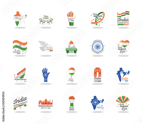 Happy india independence day icon set detailed style icon vector design