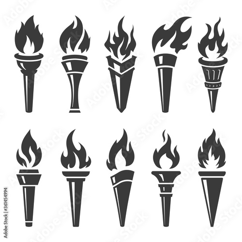 Torch icons set. Vector torches with flame and burning fire on white background