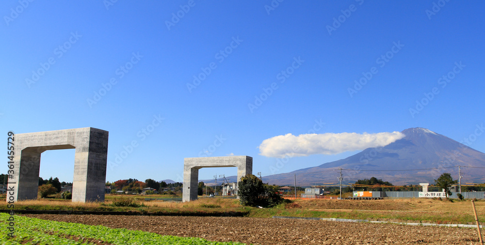 View of Mount Fuji and the countryside near the city of Gotemba in Shizuoka Prefecture, Japan.