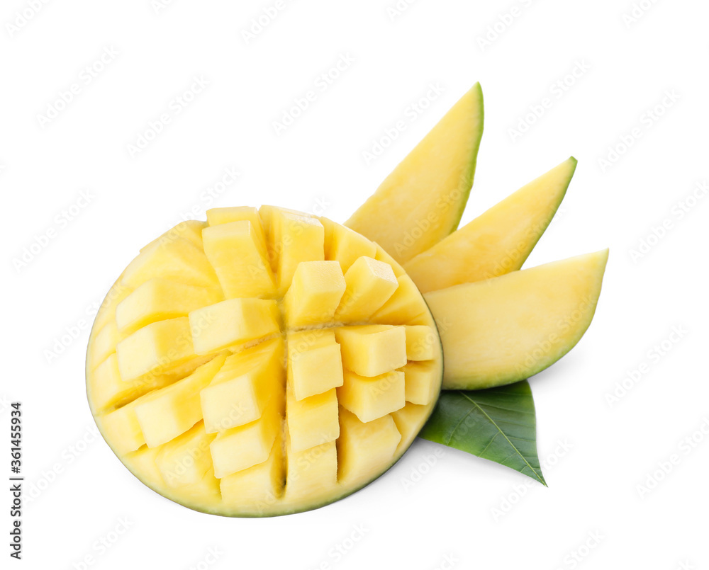 Delicious ripe mango cut into cubes and slices isolated on white