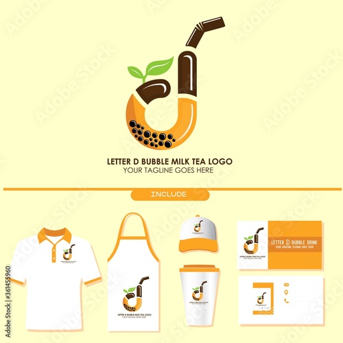Brand Identity of Bubble Tea Drink or Milk Cocktail Logo with Initial D. Include Shirt. Apron. Hat. Cup. Business Card. Pearl Milk Tea. Popular Asian Drink. For Café and Restaurant Logo. Boba. Taiwan