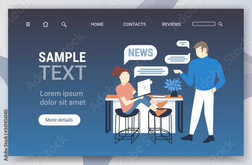 woman reading news on laptop couple chutting during meeting chat bubble communication concept copy space full length horizontal vector illustration