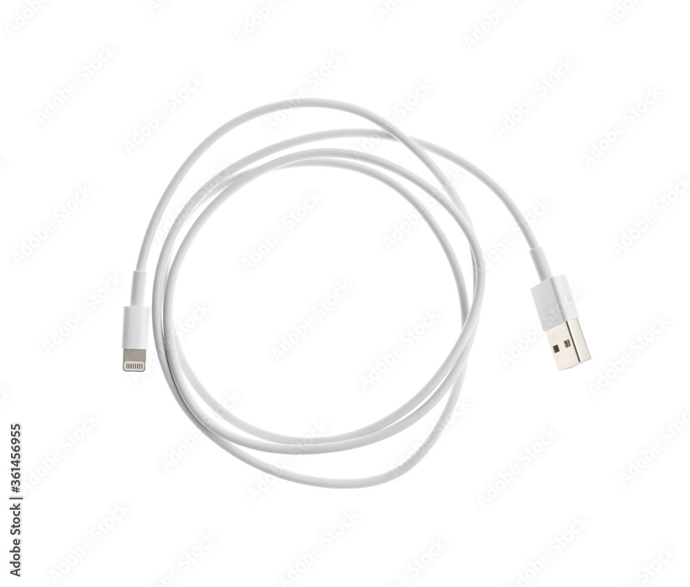 USB charge cable isolated on white, top view. Modern technology USB charge cable isolated on white, top view. Modern technology