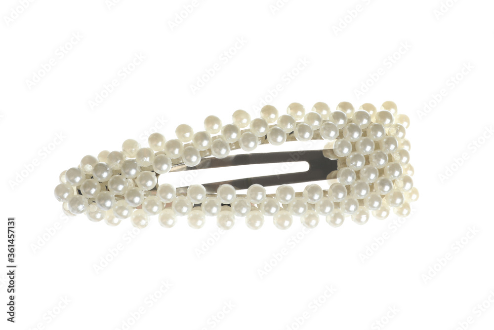 Stylish hair clip with pearls isolated on white, top view Stylish hair clip with pearls isolated on white, top view