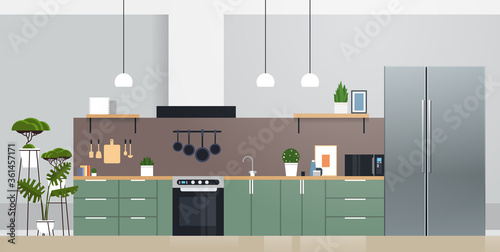 modern kitchen interior with new refrigerator oven and microvawe home appliances concept horizontal vector illustration photo