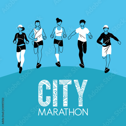 Women and men running and 10k city marathon vector design