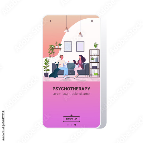 man with psychologist sitting on sofa psychotherapist consulting patient during psychotherapy session mental health depression concept smartphone screen mobile app vector illustration