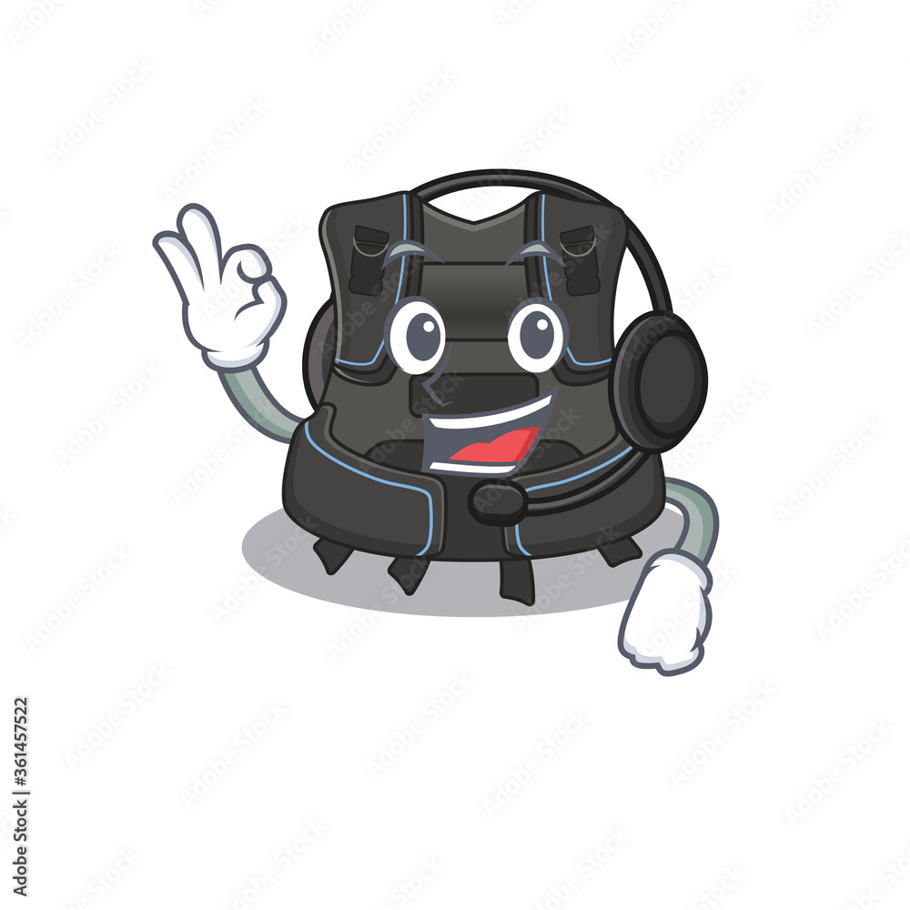 Scuba buoyancy compensator caricature character concept wearing headphone Scuba buoyancy compensator caricature character concept wearing headphone