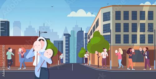 people crowd holding positive masks men women group covering face emotions fake feeling depression mental disorder concept cityscape background horizontal vector illustration