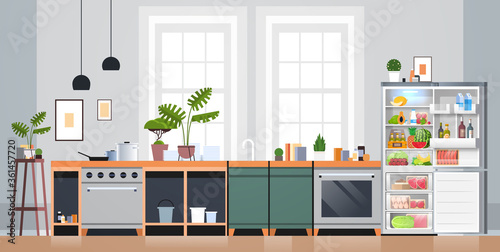modern kitchen interior empty nobody apartment with open fridge full of fresh food home appliances concept horizontal horizontal vector illustration