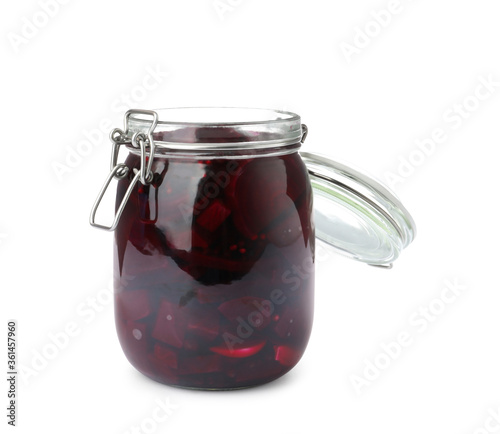 Pickled beets in glass jar isolated on white