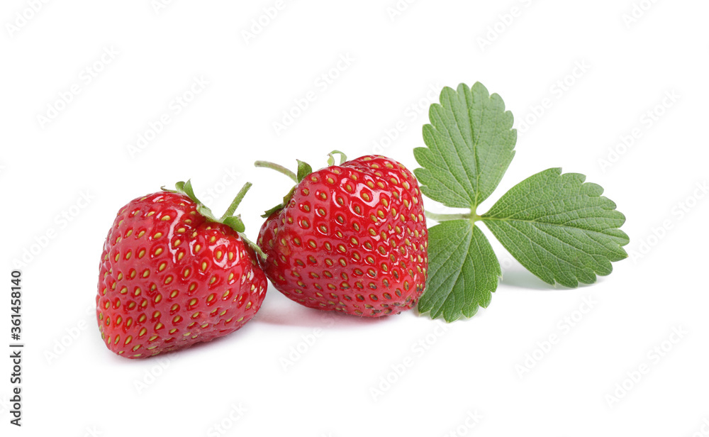 Sweet fresh ripe strawberries with green leaves on white background Sweet fresh ripe strawberries with green leaves on white background